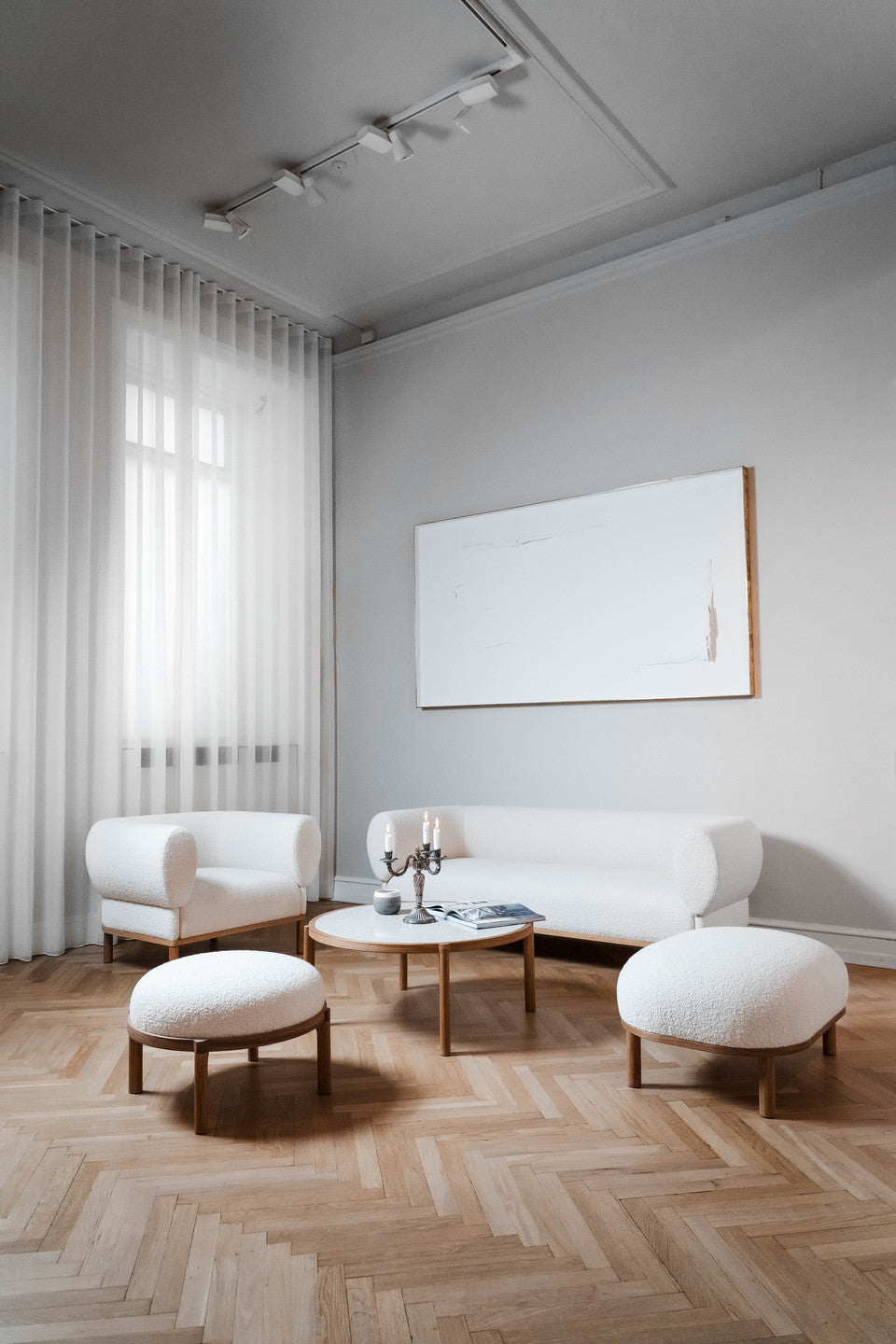 Gallant Sofa by Morten & Jonas, contemporary Scandinavian design, Modern white boucle sofa with wooden frame