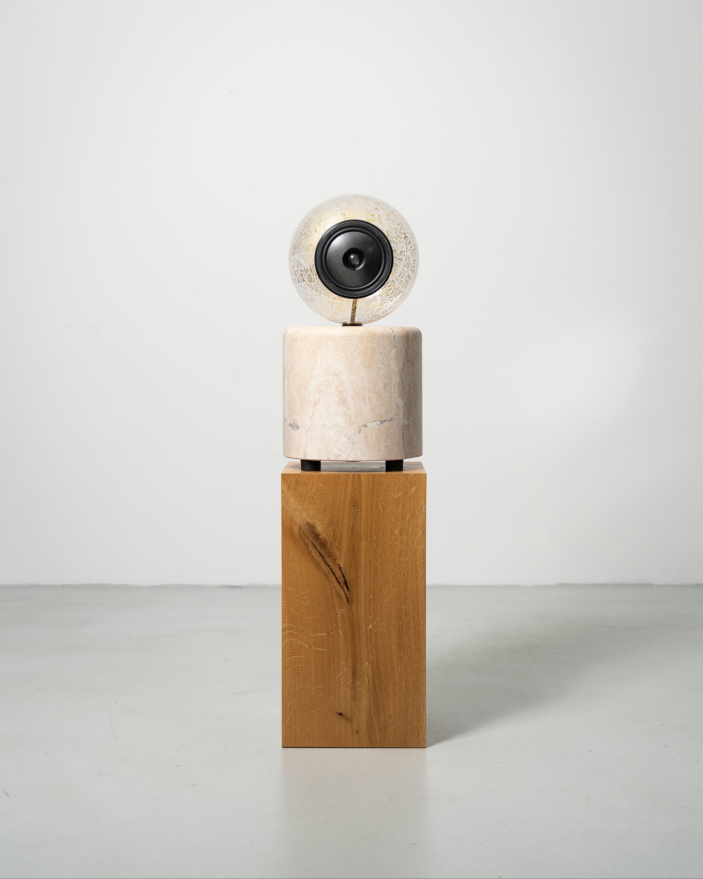 Glass Ball Speaker, sculptural audio design mouth-blown glass sphere with the speaker driver built in