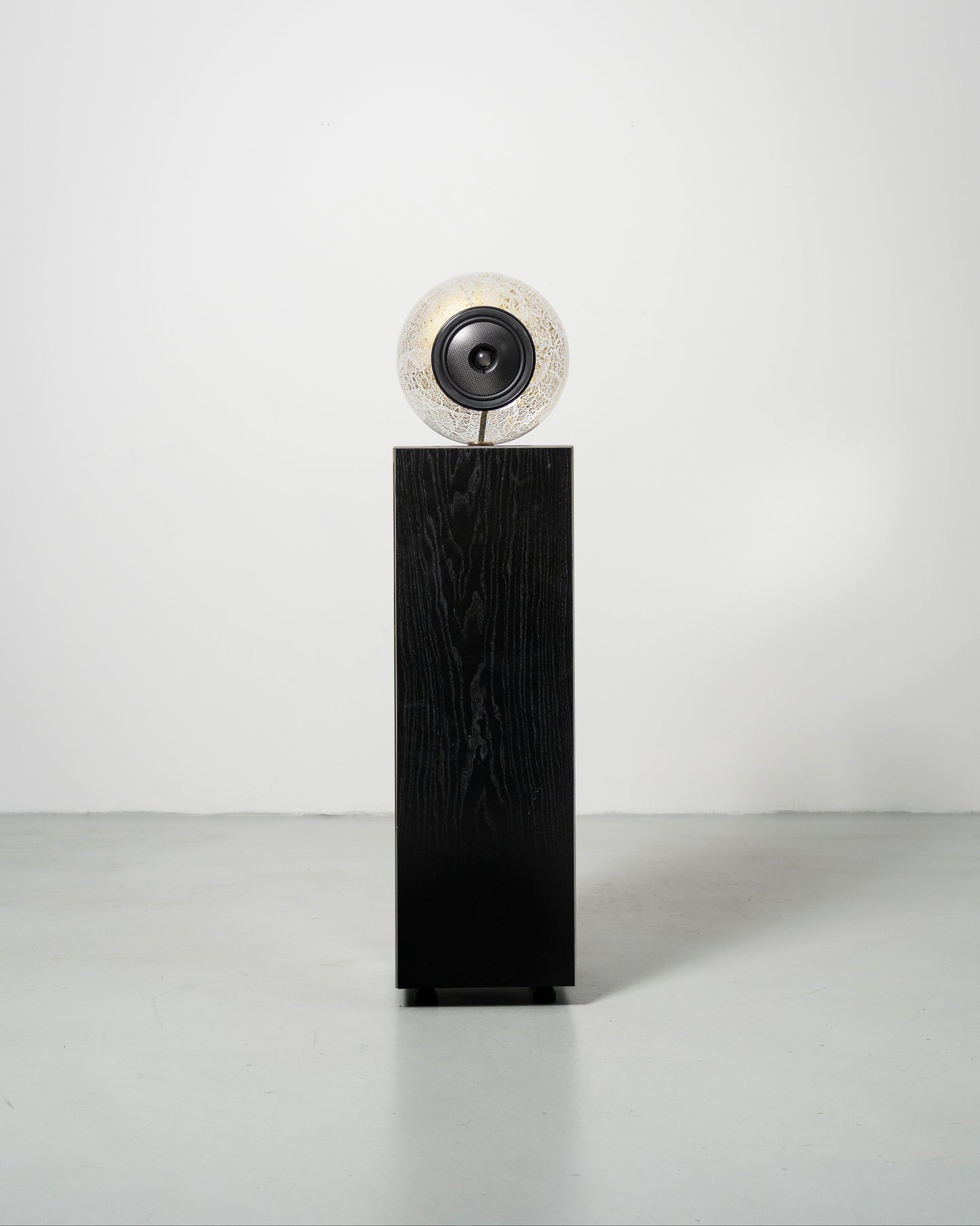 Glass Ball Speaker, sculptural audio design mouth-blown glass sphere with the speaker driver built in