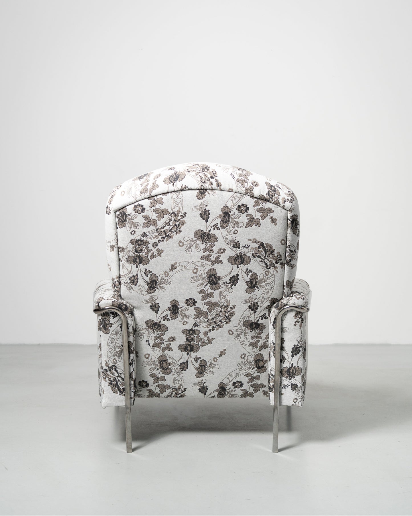 Sophisticate Lounge Chair, Scandinavian design, white Floral-patterned fabric armchair with chrome steel tube frame