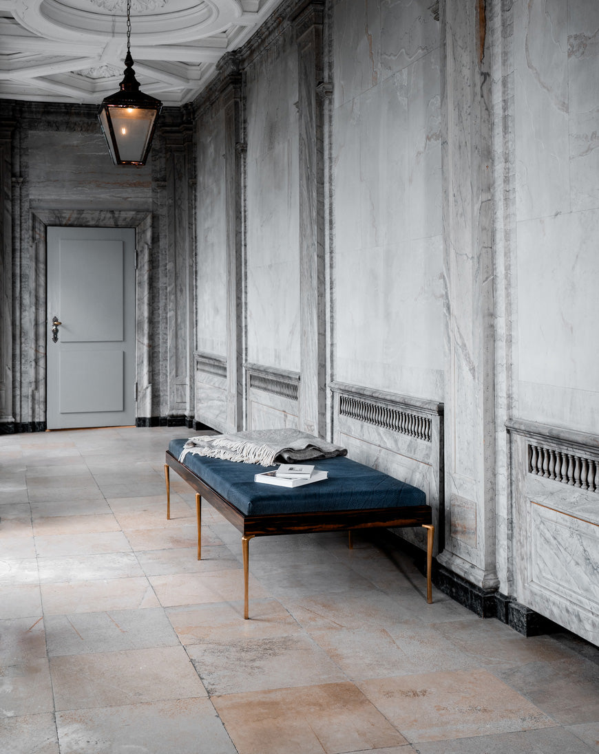 Copenhagen Daybed by Tom Nybroe, Scandinavian design Wooden frame with blue leather cushion and brass legs