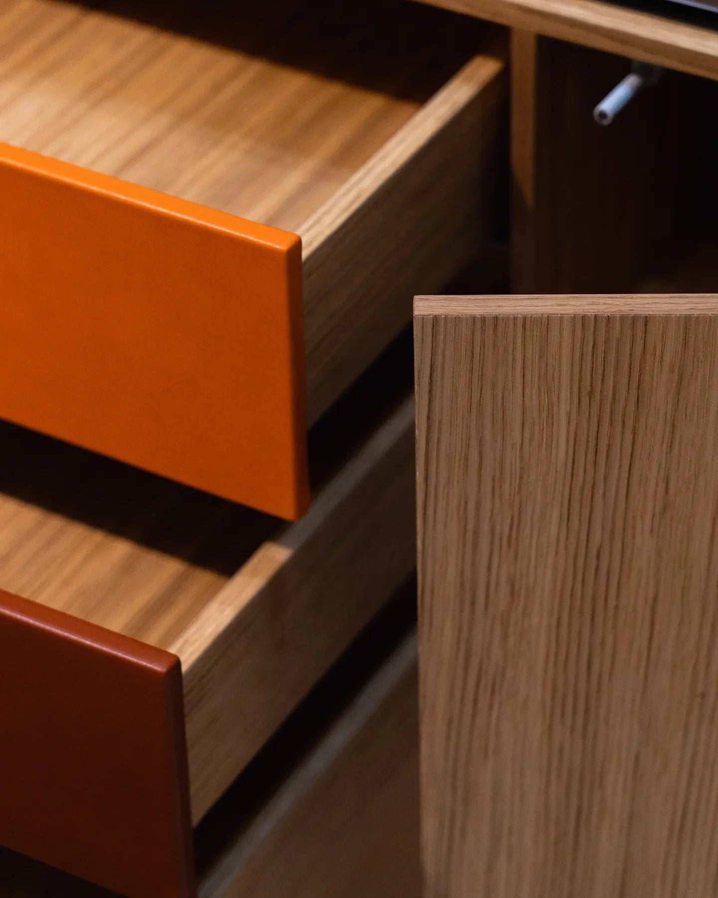 Copenhagen Console by Tom Nybroe, Scandinavian design, Console in oak with leather drawers, glass table top and brass legs