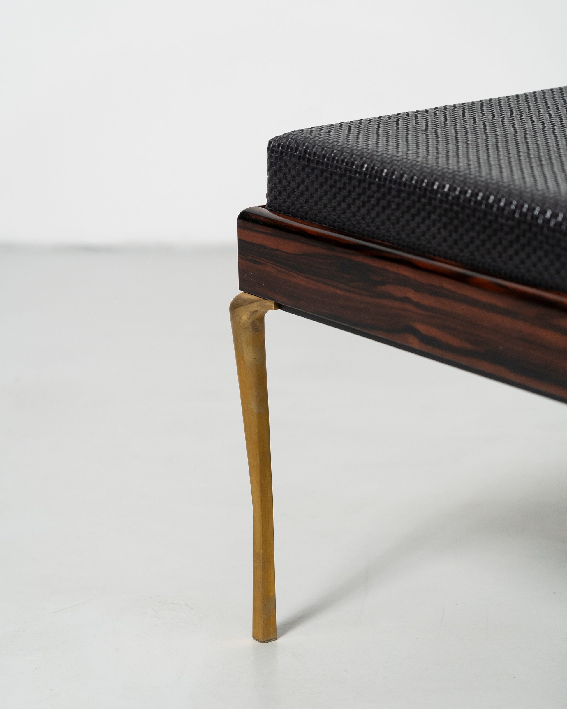 Copenhagen Bench by Tom Nybroe, Scandinavian design black leather seat on wood base with brass legs 
