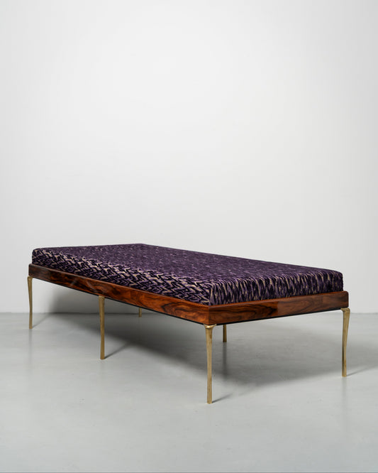 Copenhagen Daybed by Tom Nybroe, Scandinavian design Wooden frame with purple fabric cushion and brass legs