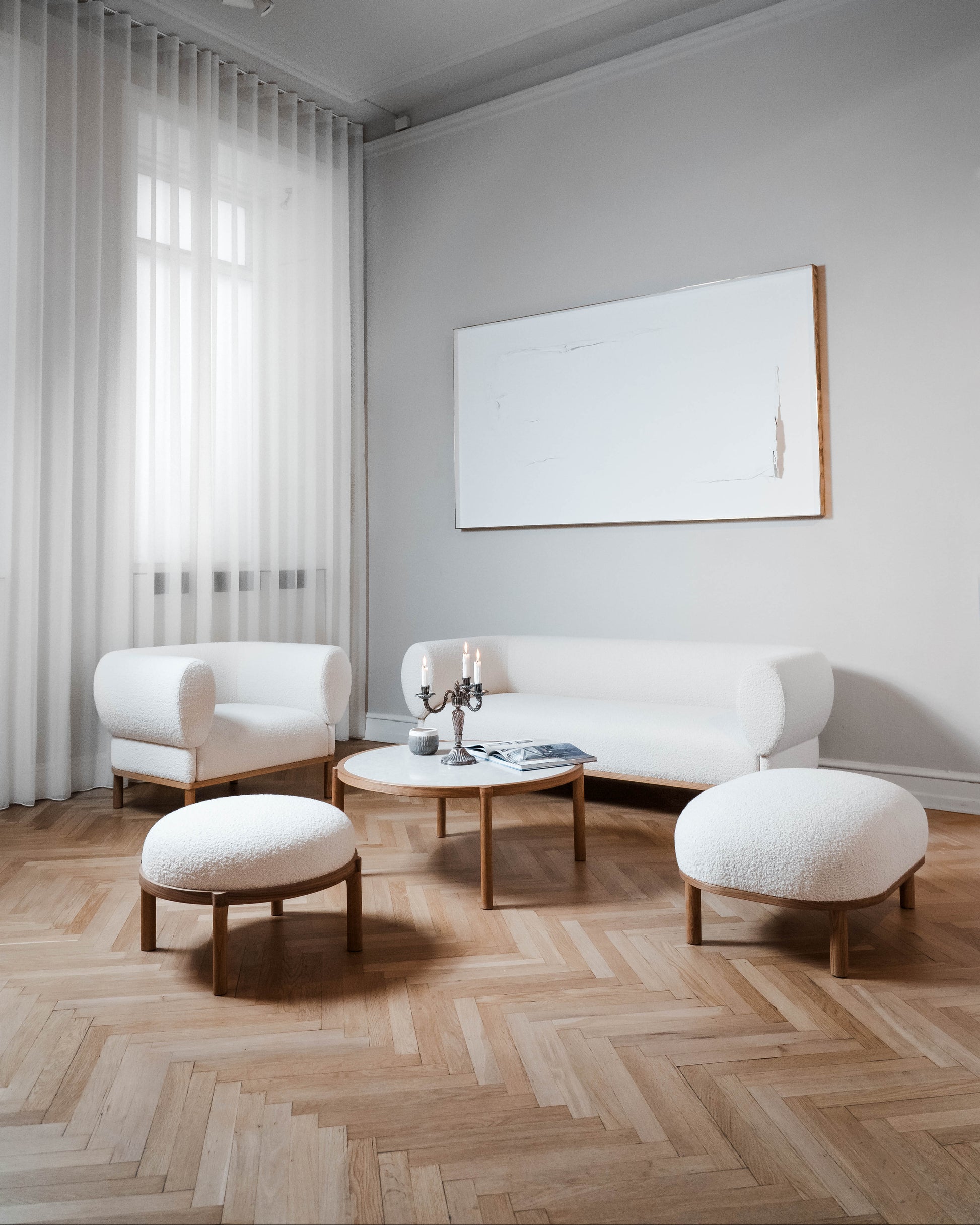 Gallant Stool by Morten & Jonas, Scandinavian design white boucle stool with natural oak frame and legs 