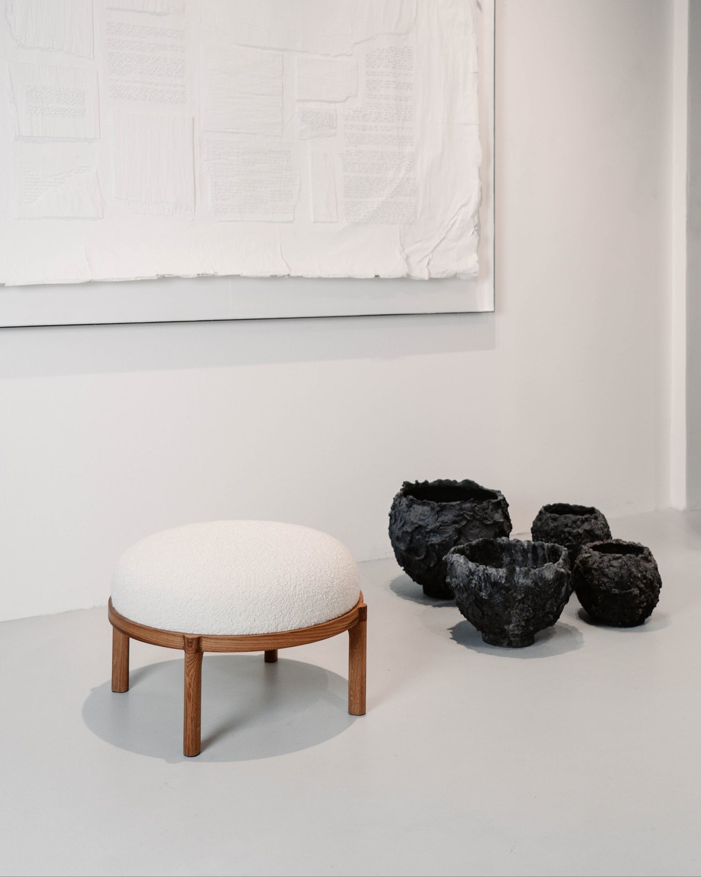 Gallant Stool by Morten & Jonas, Scandinavian design white boucle stool with natural oak frame and legs 