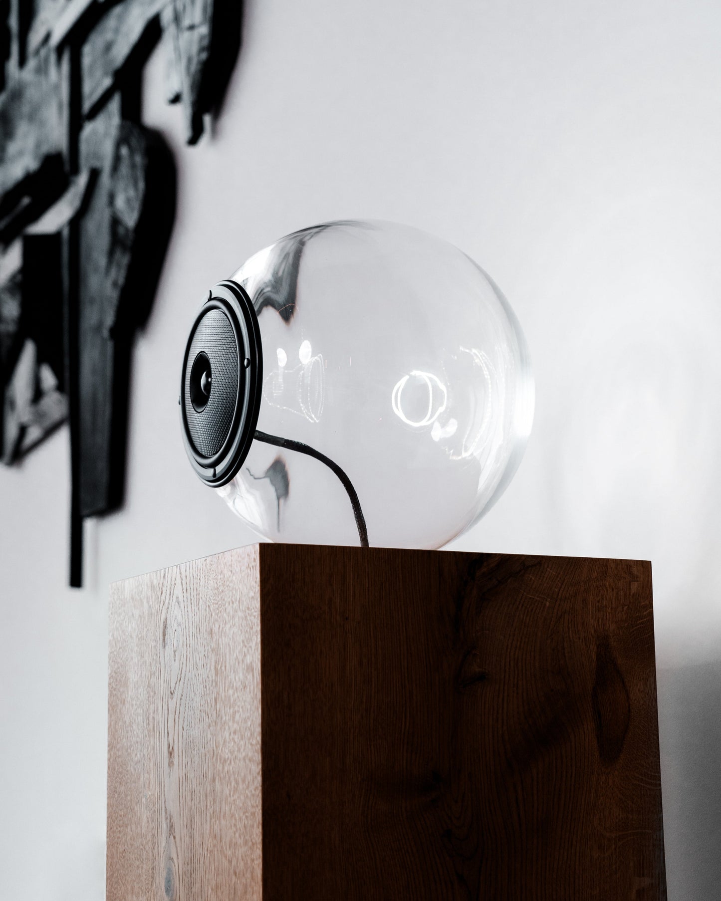 Glass Ball Speaker, sculptural audio design mouth-blown glass sphere with the speaker driver built in 
