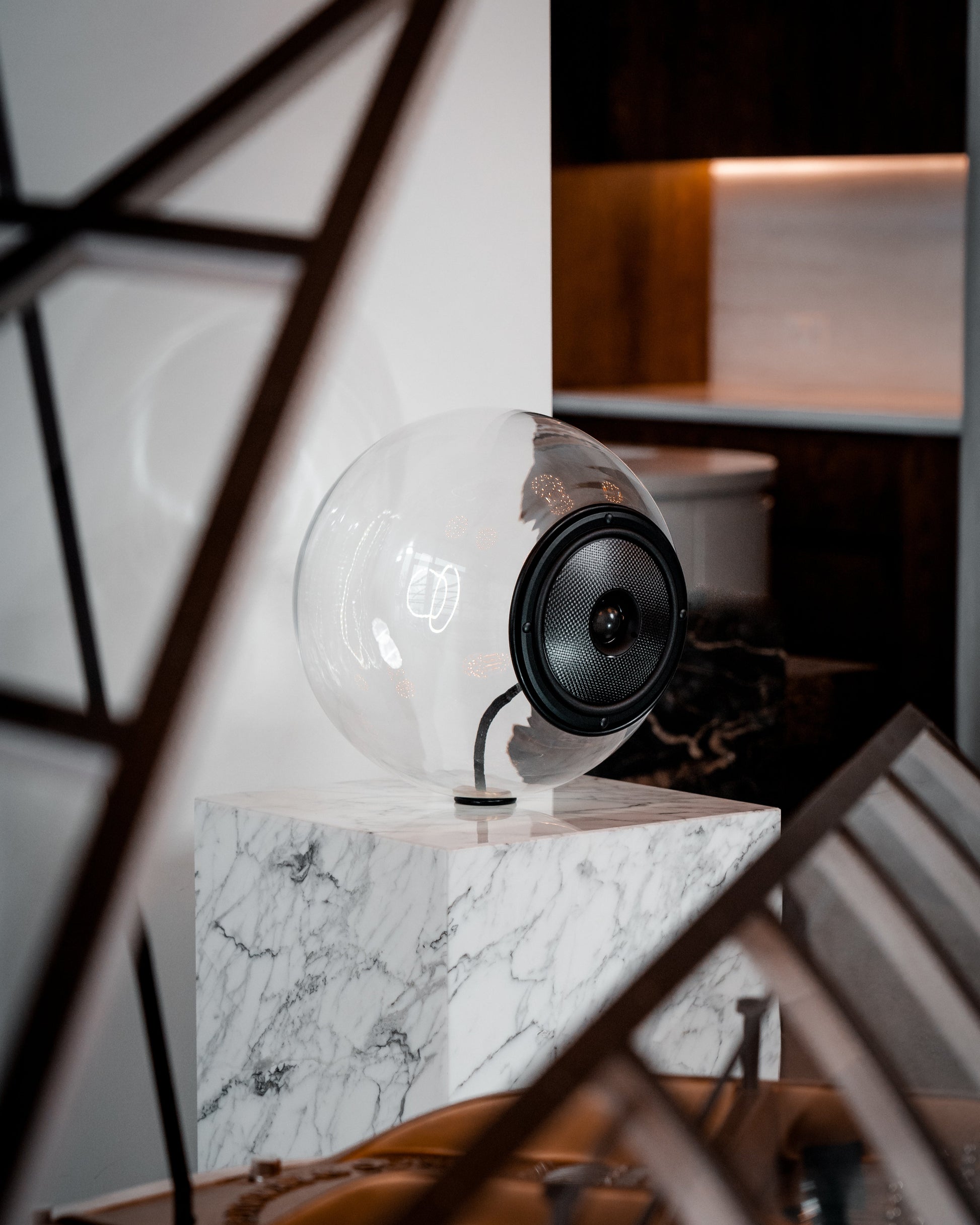 Glass Ball Speaker, sculptural audio design mouth-blown glass sphere with the speaker driver built in 