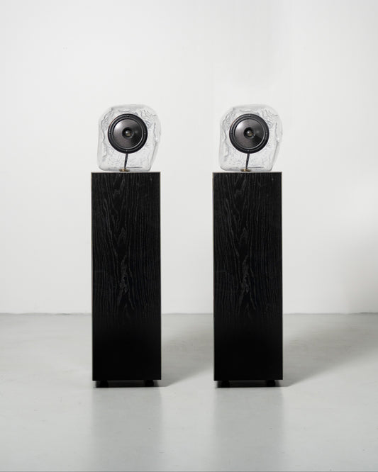 Glass Ball Speaker, sculptural audio design mouth-blown glass sphere with the speaker driver built in 
