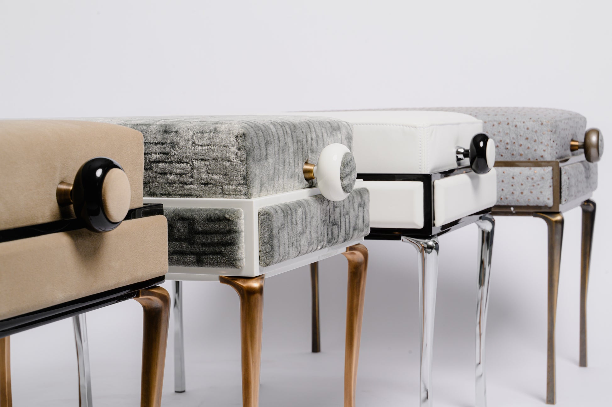 Piano Bench scandinavian design fabric seat with height adjustment fabric panels on the side and metal legs 
