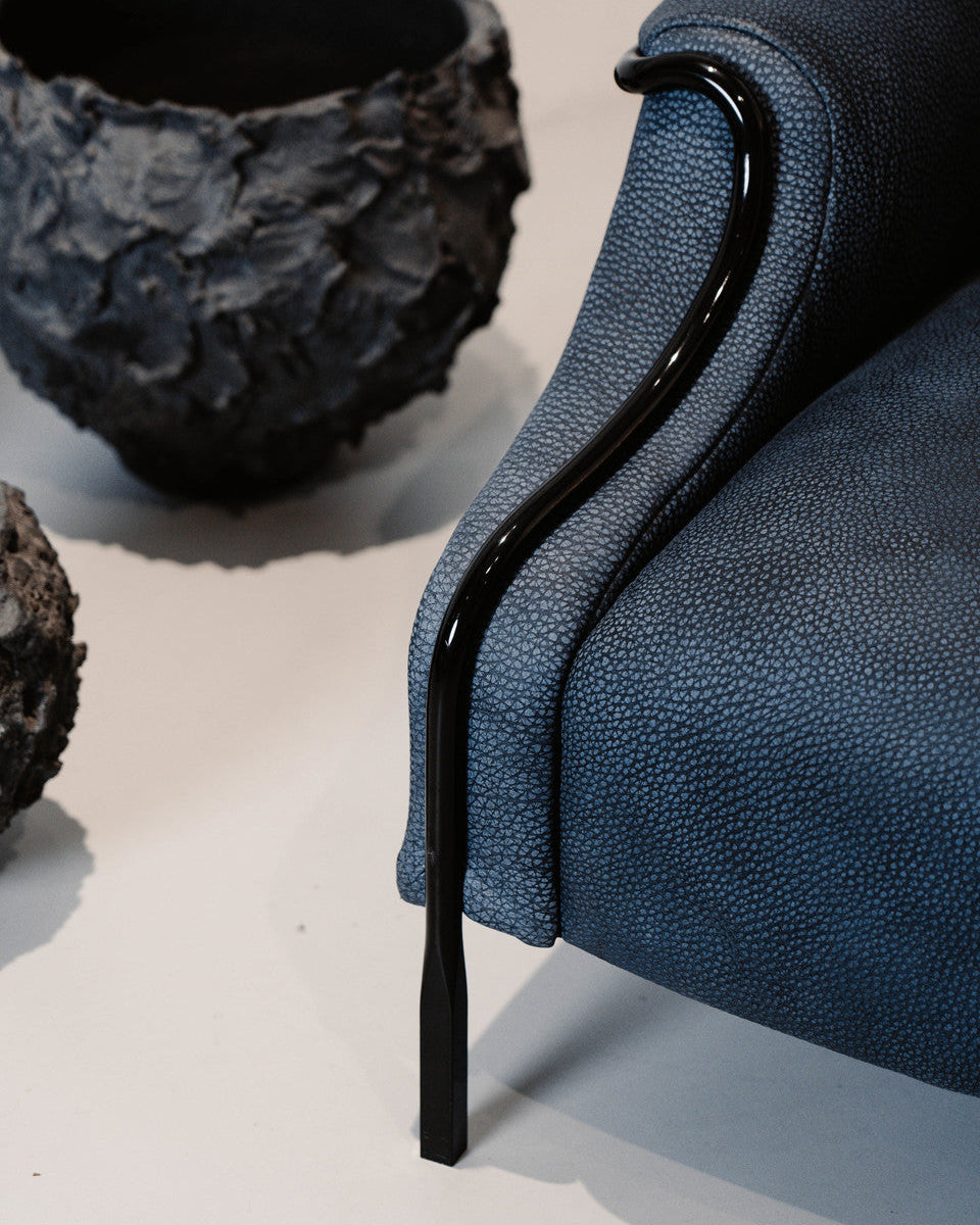 Sophisticate Lounge Chair, Scandinavian design, blue leather armchair with black steel tube frame 