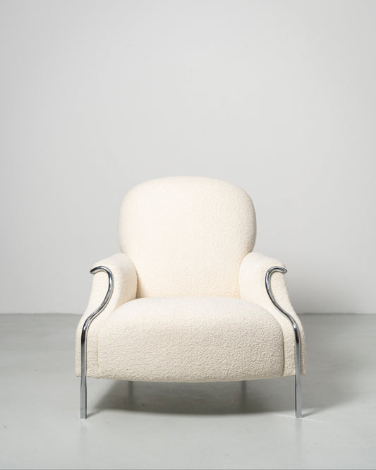 Sophisticate Lounge Chair, Scandinavian design, white boucle fabric armchair with chrome steel tube frame 