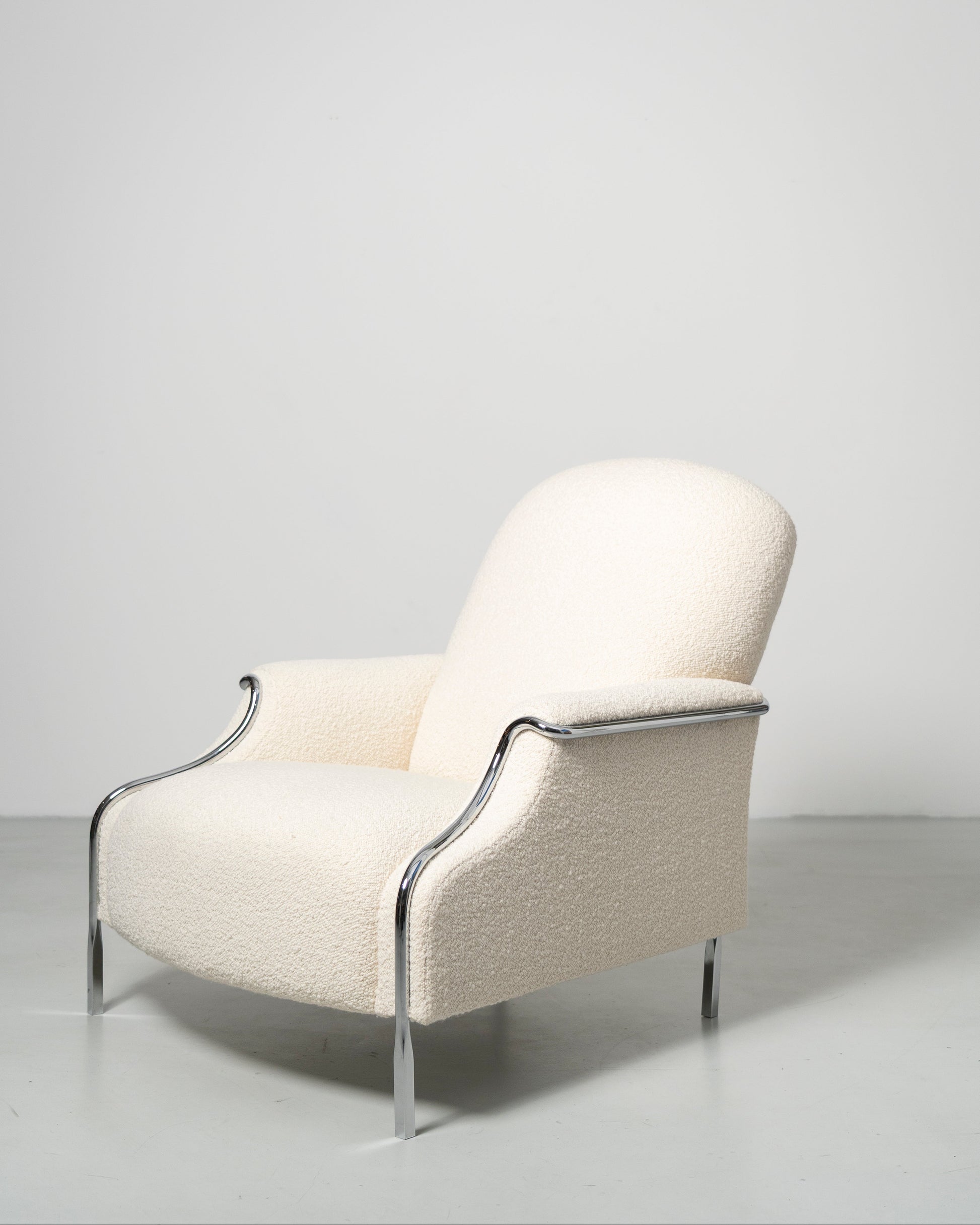 Sophisticate Lounge Chair, Scandinavian design, white boucle fabric armchair with chrome steel tube frame 