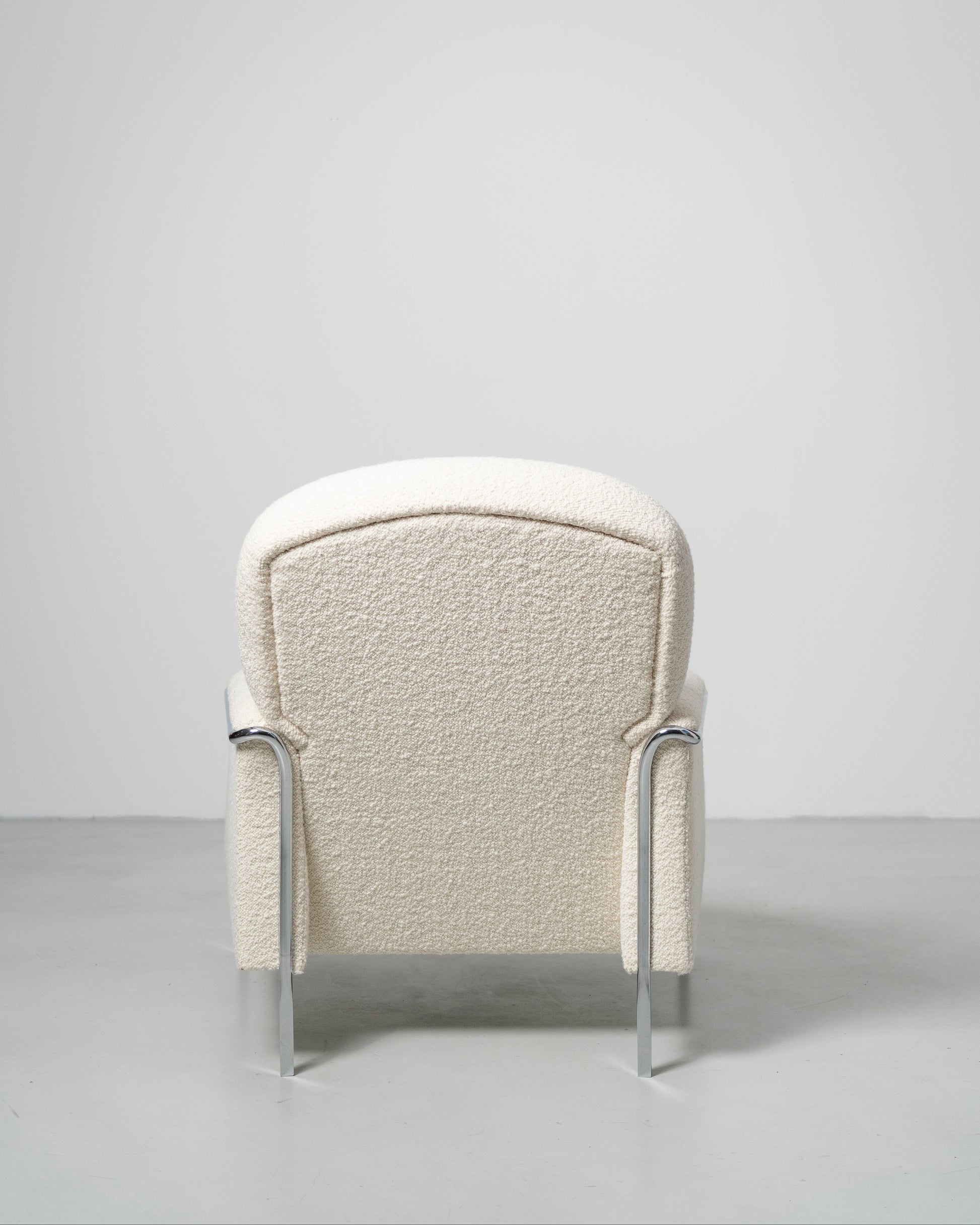 Sophisticate Lounge Chair, Scandinavian design, white boucle fabric armchair with chrome steel tube frame 