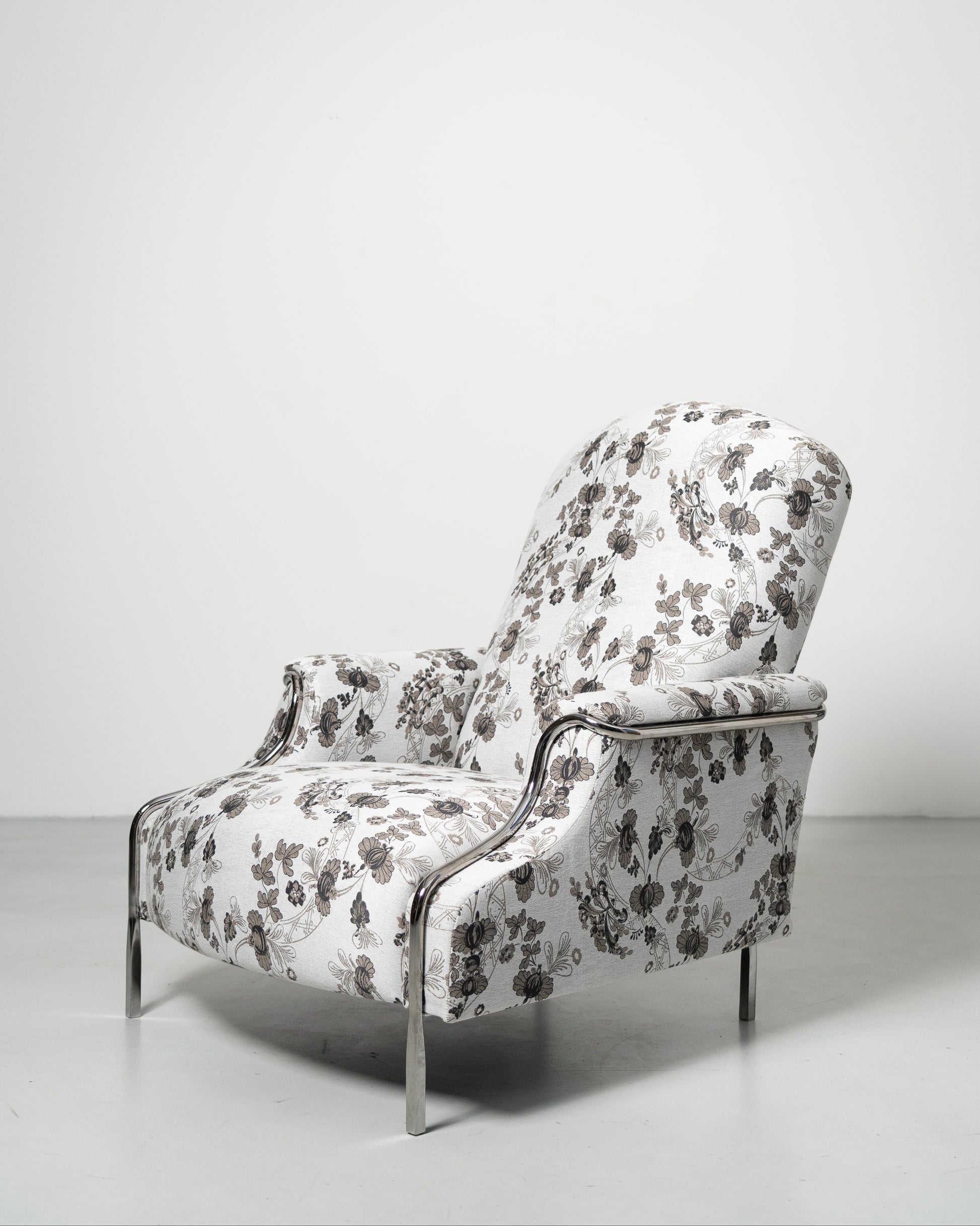 Sophisticate Lounge Chair, Scandinavian design, white Floral-patterned fabric armchair with chrome steel tube frame