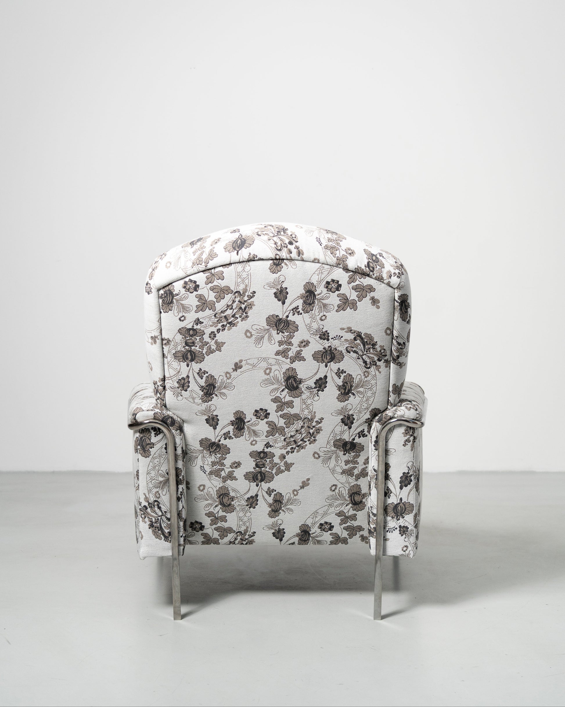 Sophisticate Lounge Chair, Scandinavian design, white Floral-patterned fabric armchair with chrome steel tube frame