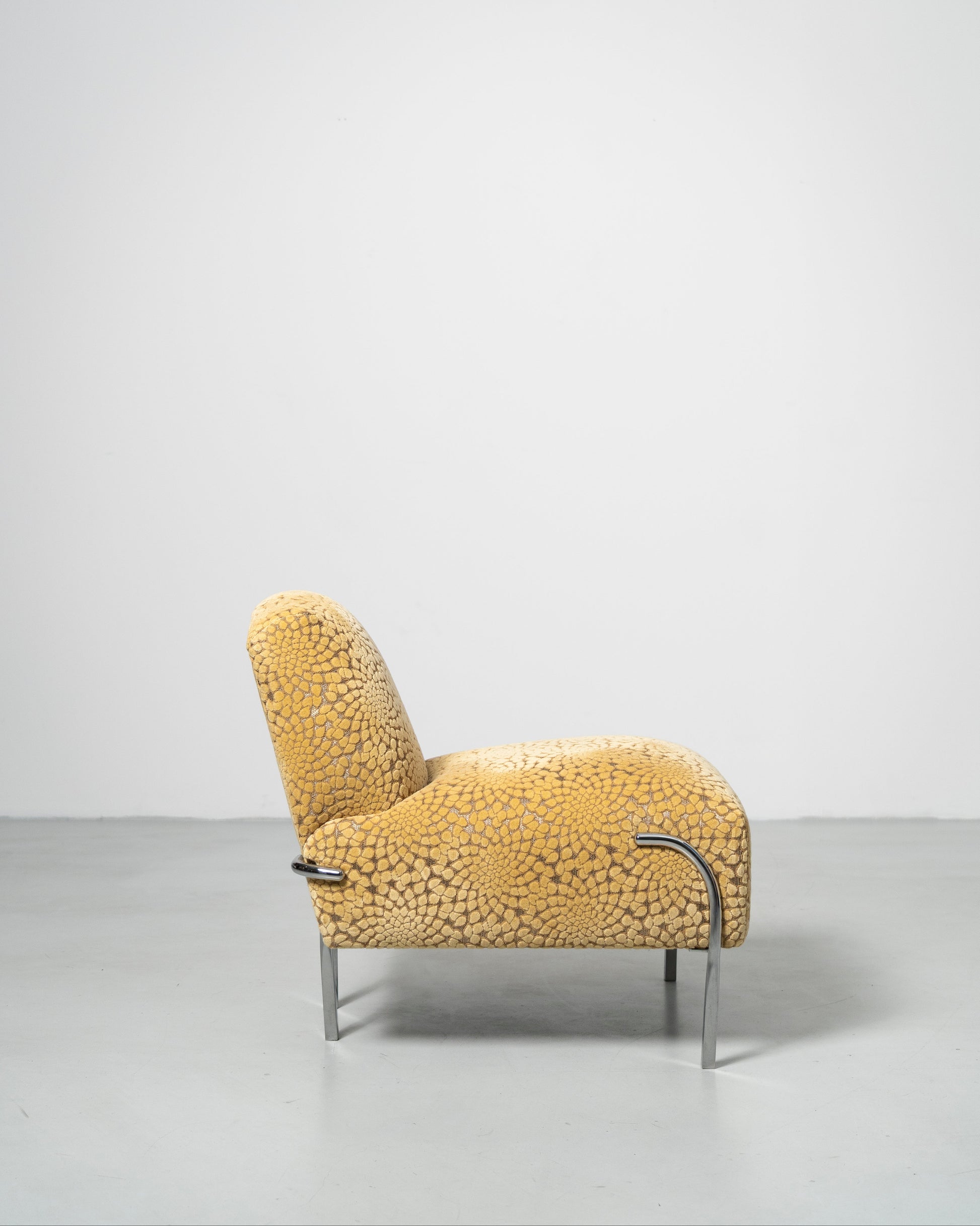 Sophisticate Slipper Chair Scandinavian design yellow textured fabric lounge chair with chrome steel tube legs 