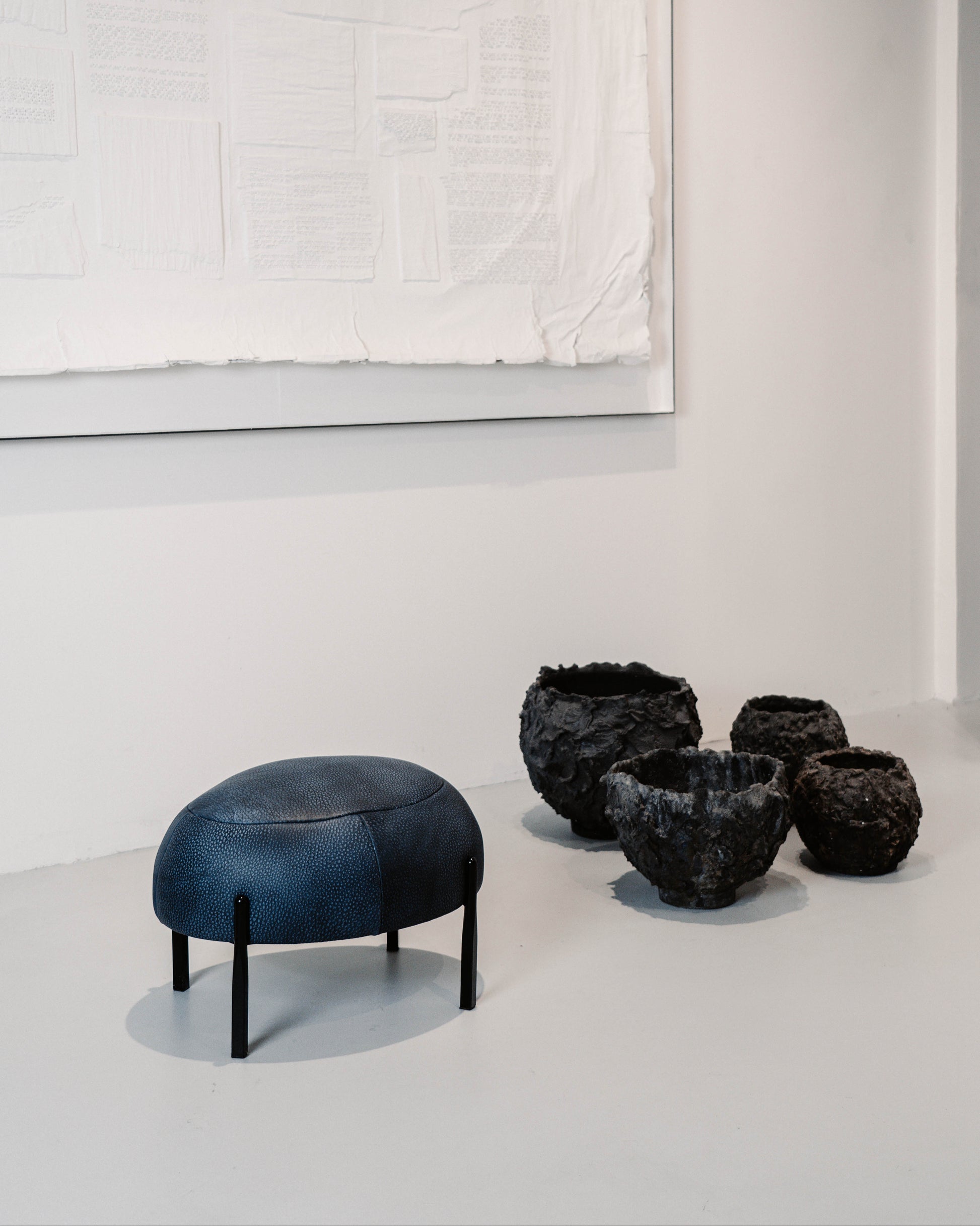 Sophisticate Stool, Scandinavian design, blue leather stool  with black steel tube legs