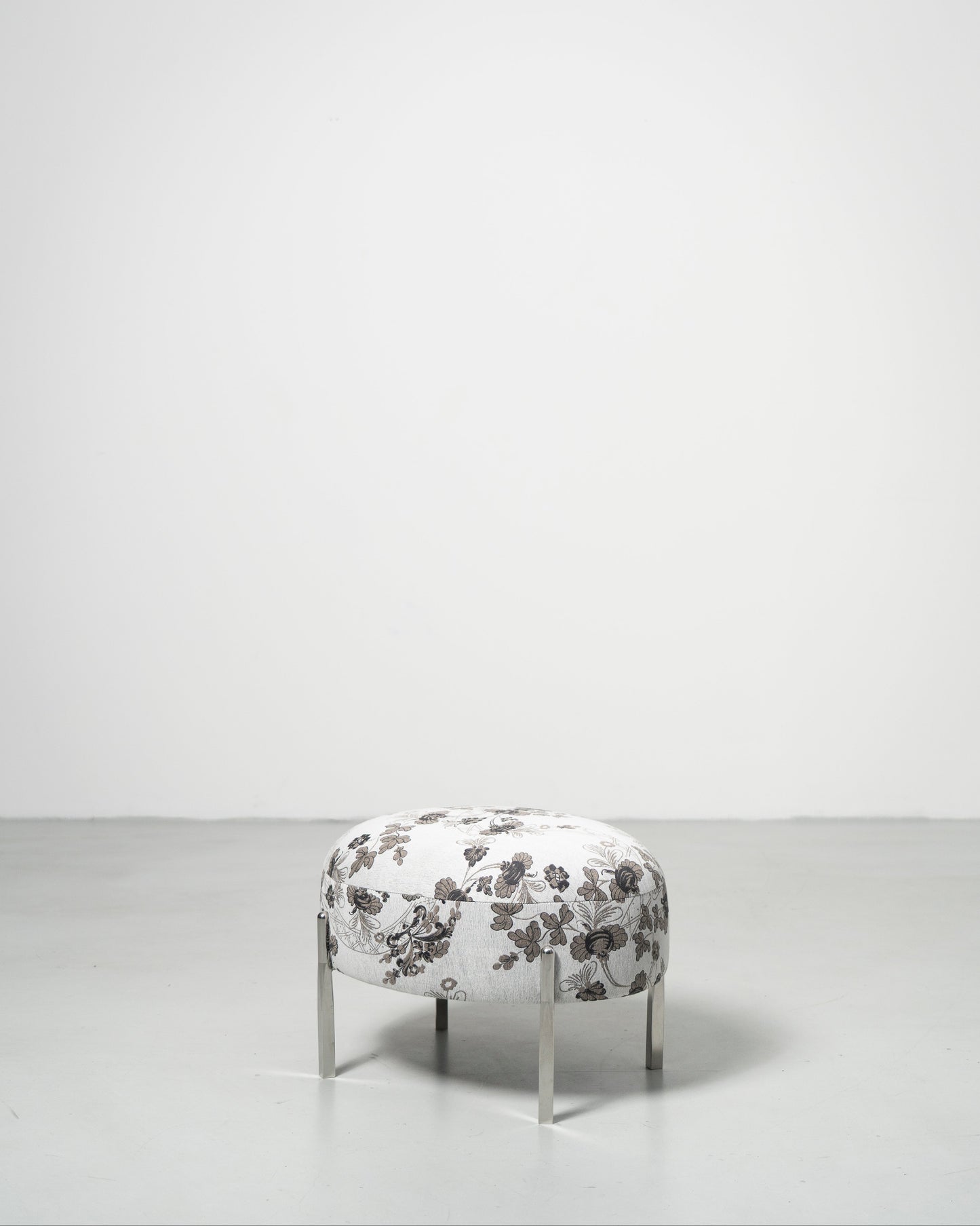 Sophisticate Stool, Scandinavian design, white Floral-patterned fabric stool  with chrome steel tube legs