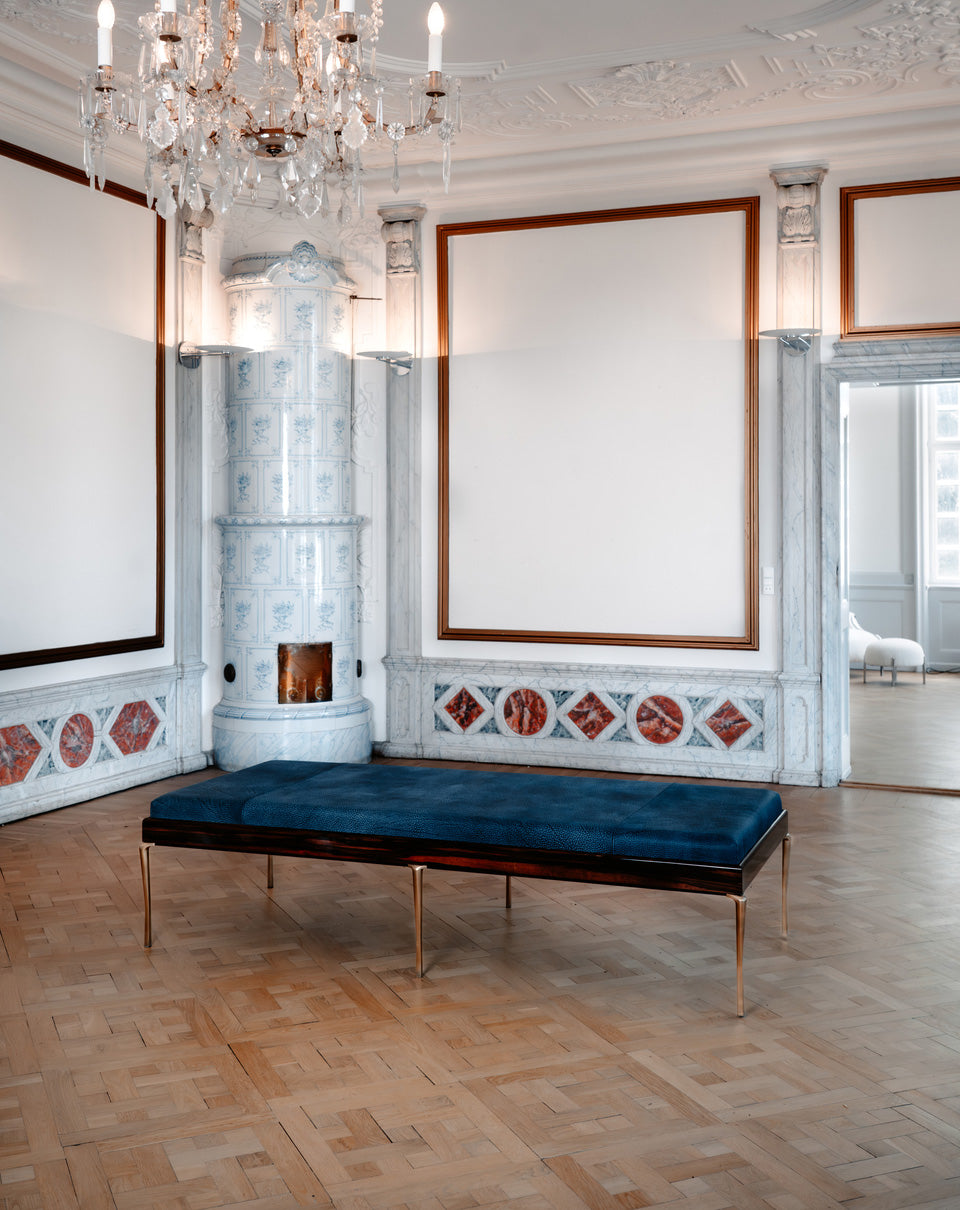Copenhagen Daybed by Tom Nybroe, Scandinavian design Wooden frame with blue leather cushion and brass legs