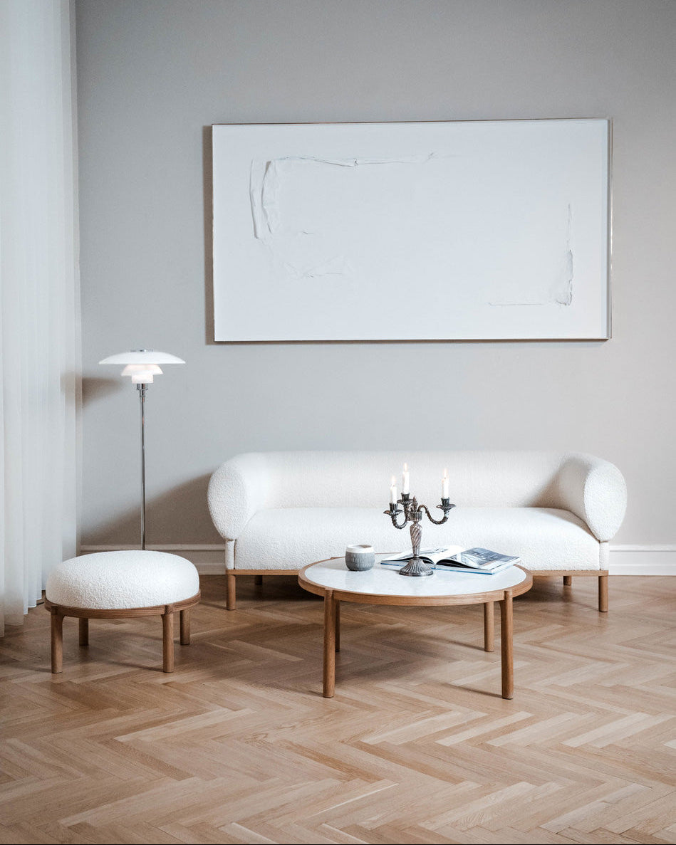 Gallant Sofa by Morten & Jonas, contemporary Scandinavian design, Modern white boucle sofa with wooden frame 
