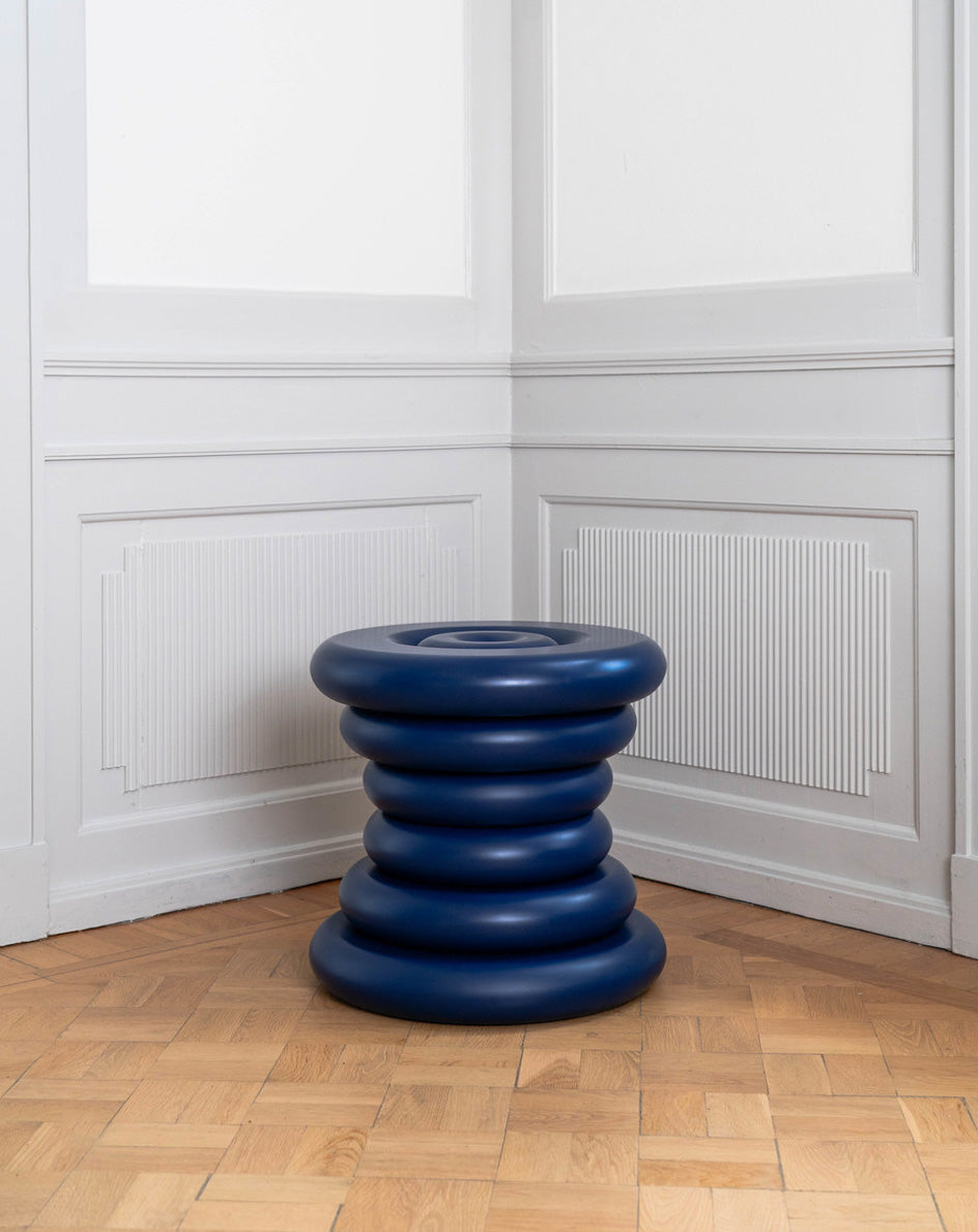 Spine Stool designed by Caisa Leifsdotter sculptural blue painted solid oak stool that also works as a compact side table